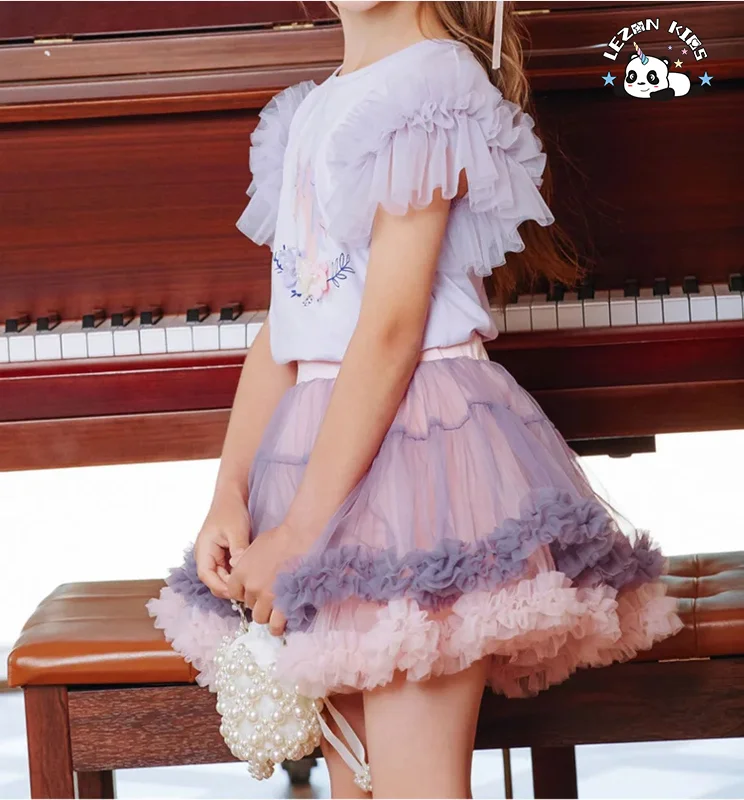 LEZONKIDS - New Design Two Piece Girl Princess Lace unicorn  Printing Suit Dress T-shirt Tutu Skirt for Girls